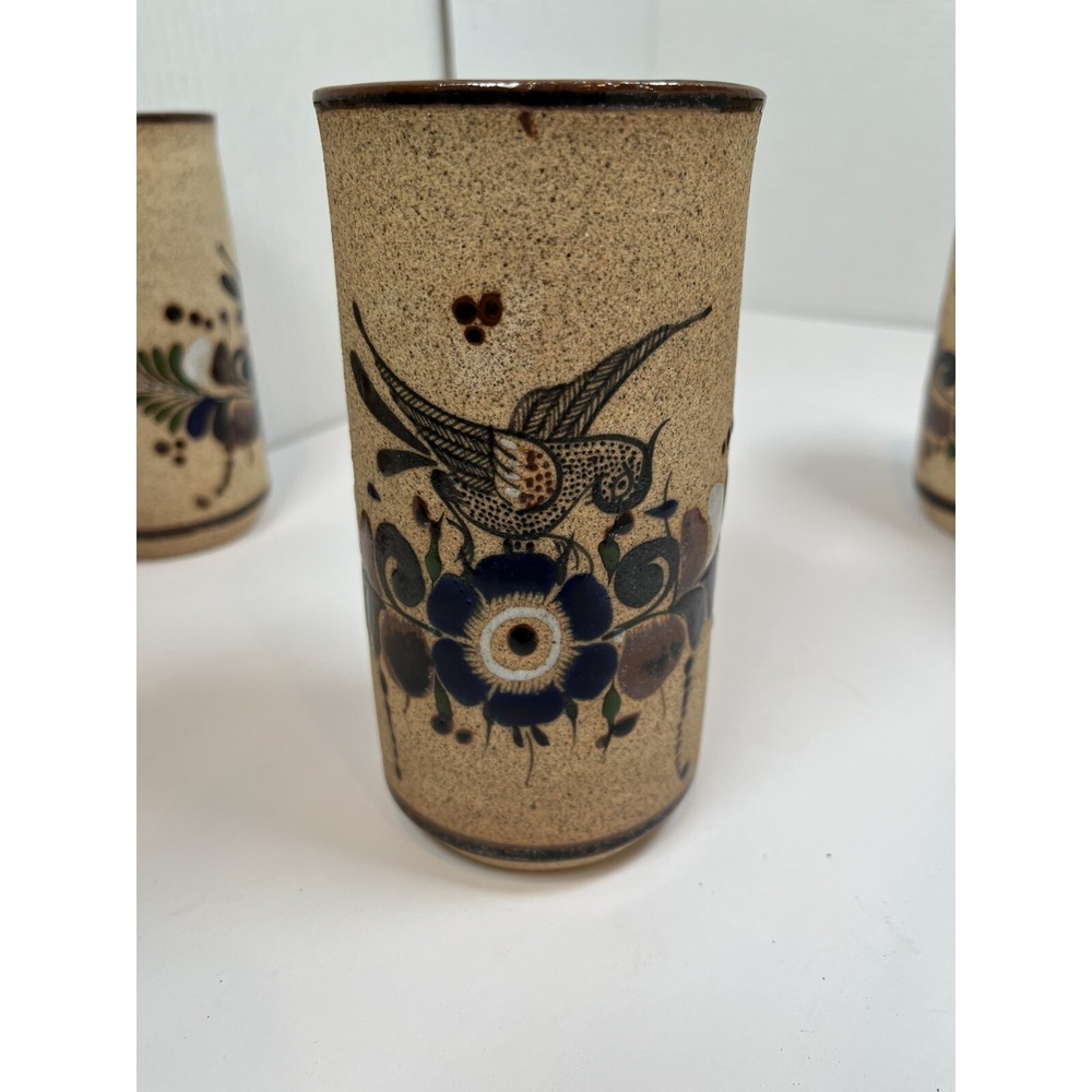 Tonala Pottery Cups Painted Blue Flowers Bird Stone Ware Lot Of 5 Netzi Mexico - Picture 10 of 16